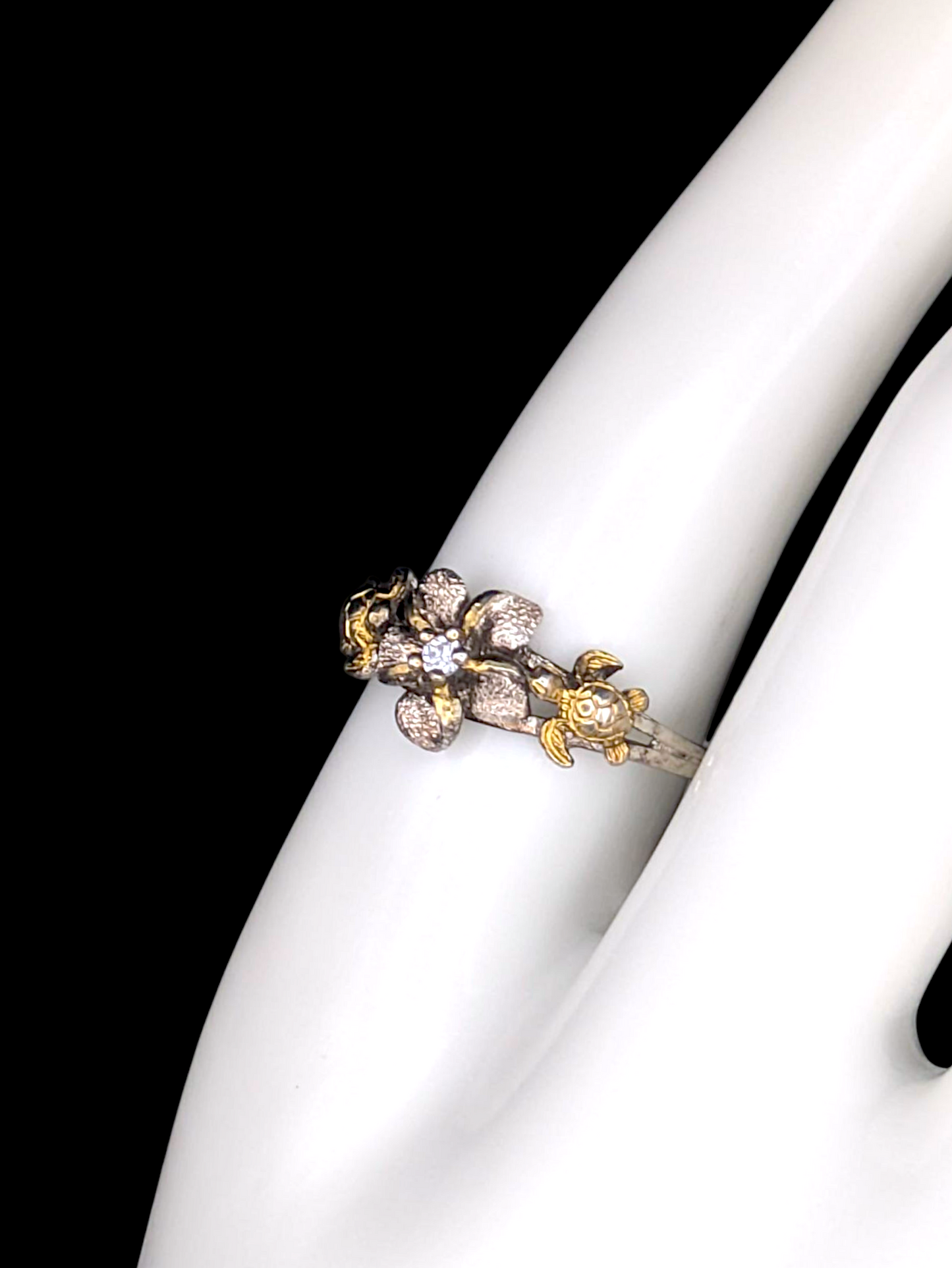 Vintage Hawaiian Golden Turtles and Tropical Flower with Simulated Diamond Solitaire Sterling Silver Ring