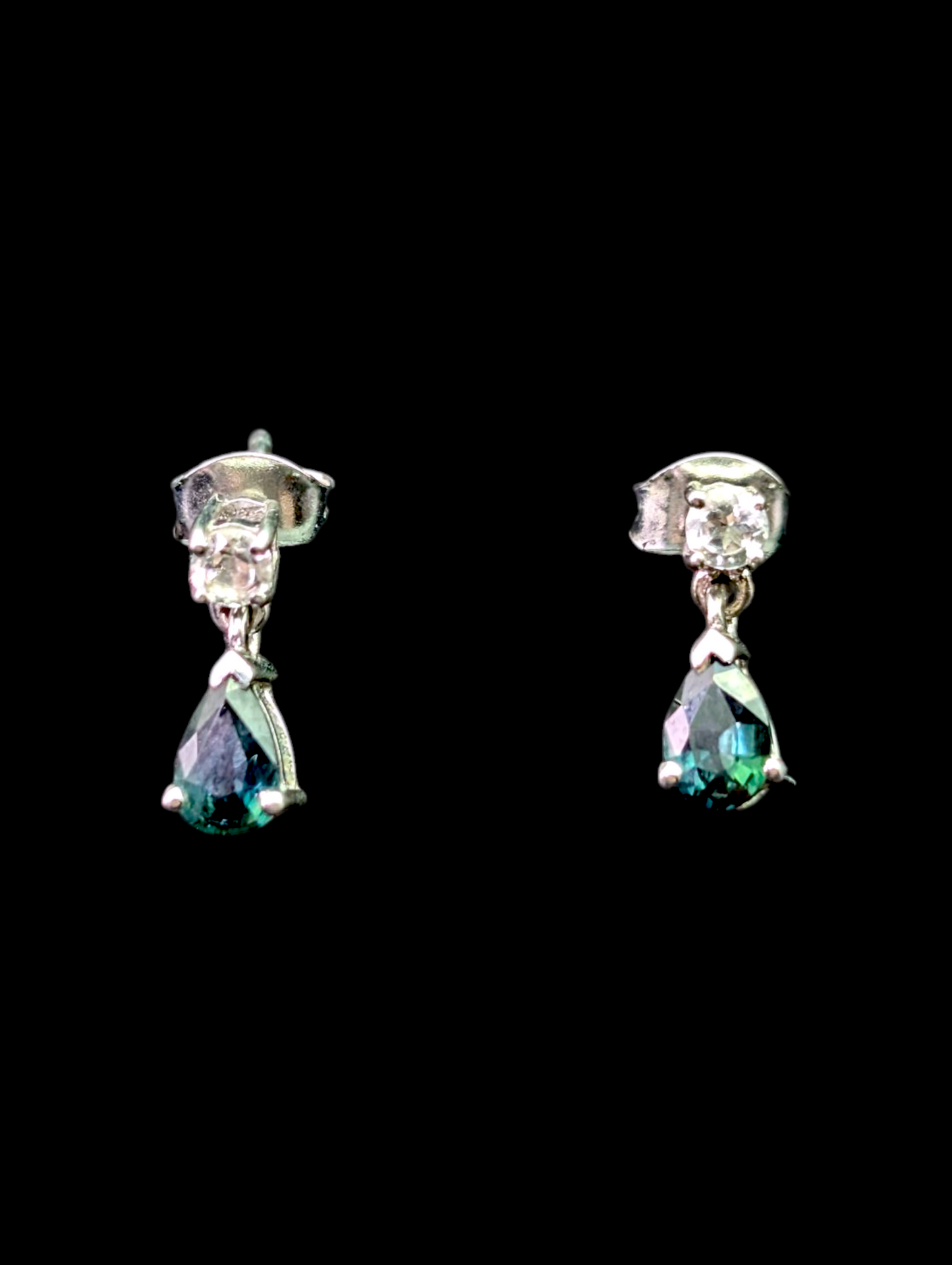 Vintage Pear Cut Genuine London Blue Topaz and White Zircon Sterling Silver Earrings