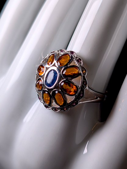 Vintage Round Cluster Genuine Kyanite, Citrine and Tourmaline Sterling Silver Ring