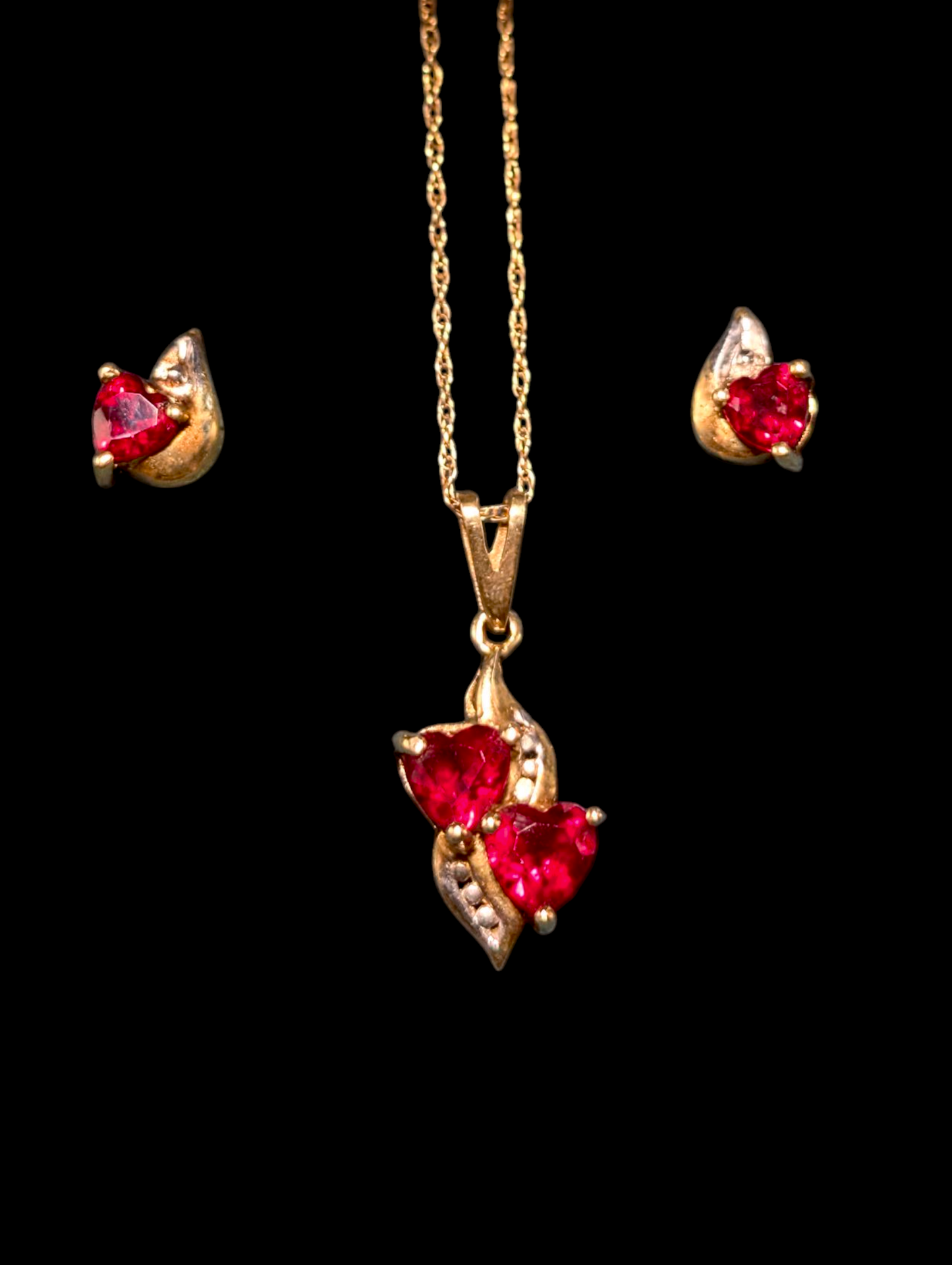 Vintage 10k Solid Yellow Gold Twin Heart Cut Genuine Ruby and Diamond Accent Necklace and Matching Earrings