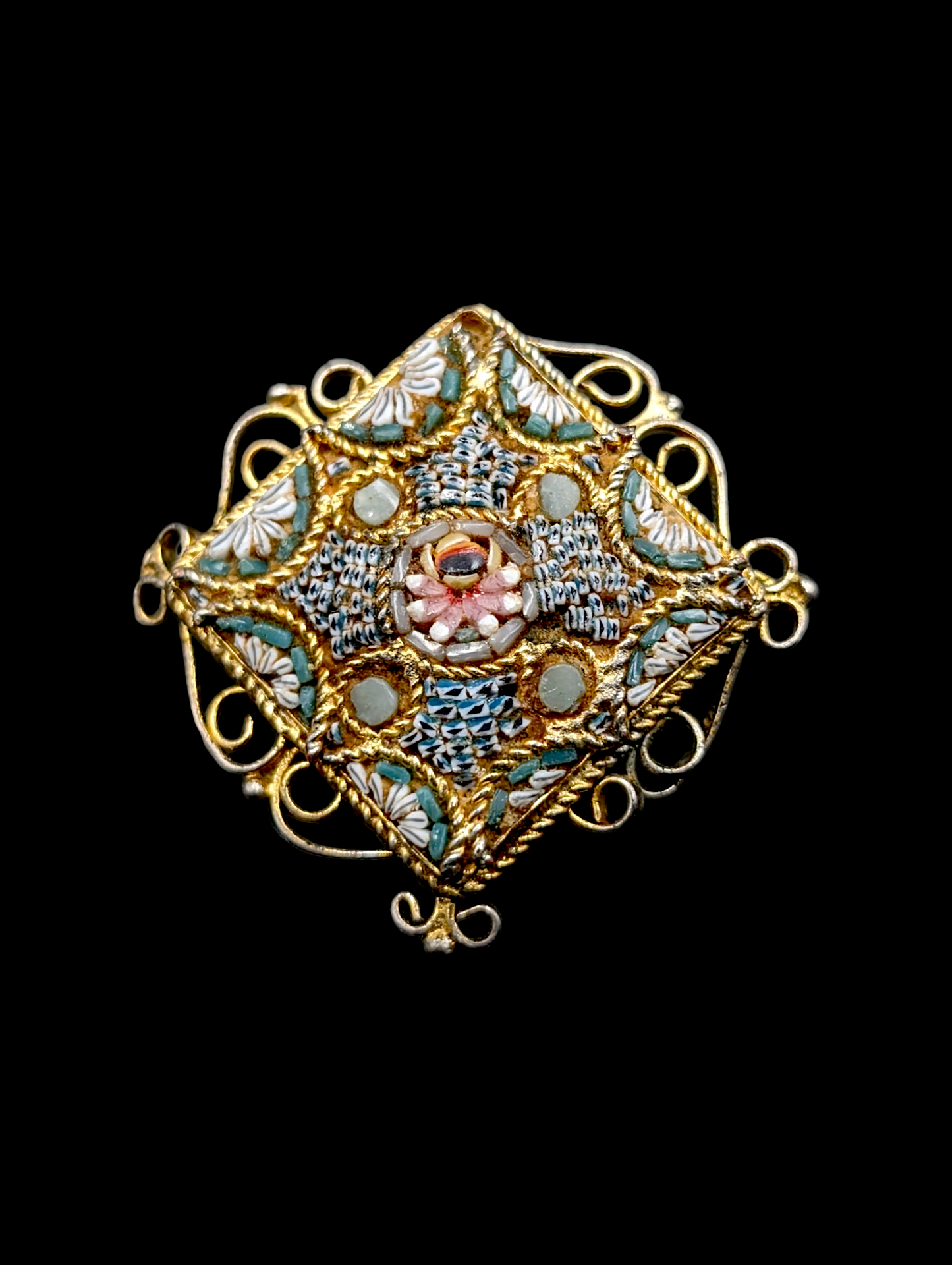 1930s Italian Micro Mosaic Floral Diamond Brooch Pin