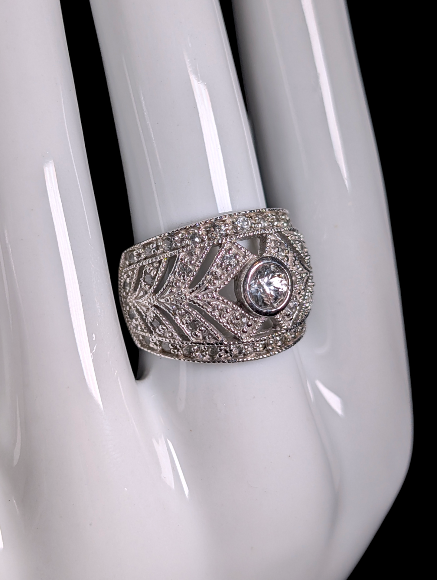 Vintage Edwardian Inspired Genuine White Topaz Sterling Silver Wide Band Ring