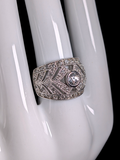 Vintage Edwardian Inspired Genuine White Topaz Sterling Silver Wide Band Ring