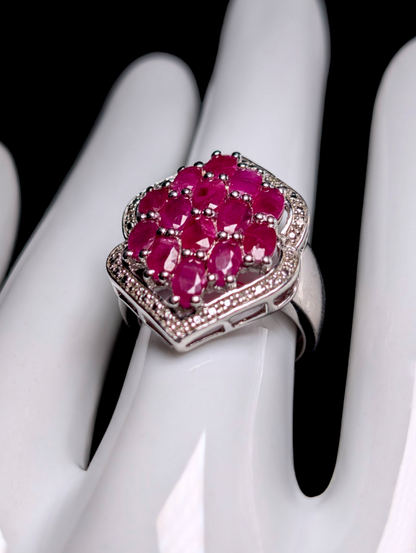Vintage 3 Carat Earth Mined Genuine Ruby and Diamond Halo Sterling Silver Cluster Statement Ring