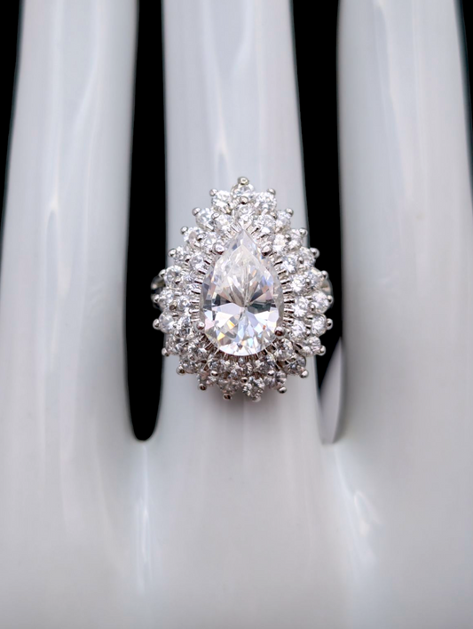 Vintage Lindenwold Double Halo and Pear Cut Simulated Diamond Silver Toned Statement Cocktail Ring