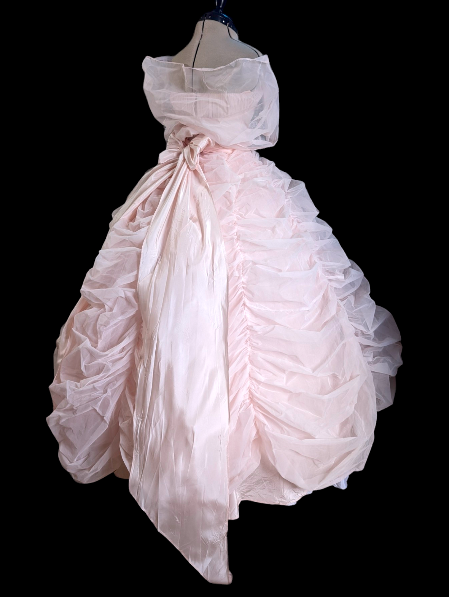 1950s Pink Iconic Sleeveless Prom Ballgown with Detachable Shawl and Rouched Details