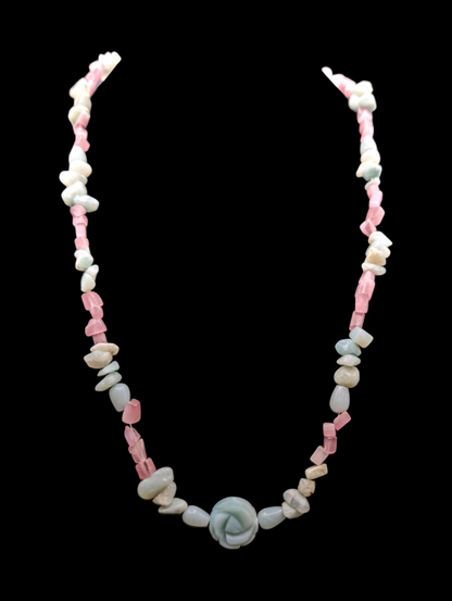 Vintage Mint, Peach, Pink and Cream Carved Semiprecious Gemstones Quartz Flower Necklace