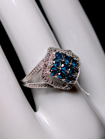 Vintage Dazzling Cluster of Genuine Blue Diamond with Diamond Accent Sterling Silver Split Shank Statement Ring