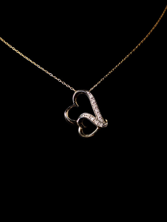 Vintage Double Heart Genuine Diamond 18k Gold over Sterling Silver Pendant