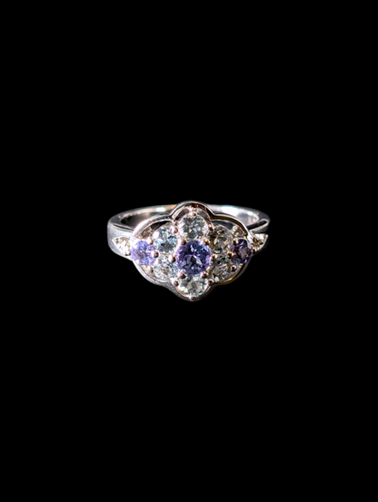 Vintage Cluster Genuine Tanzanite and Aquamarine with Diamond Accents Sterling Silver Ring