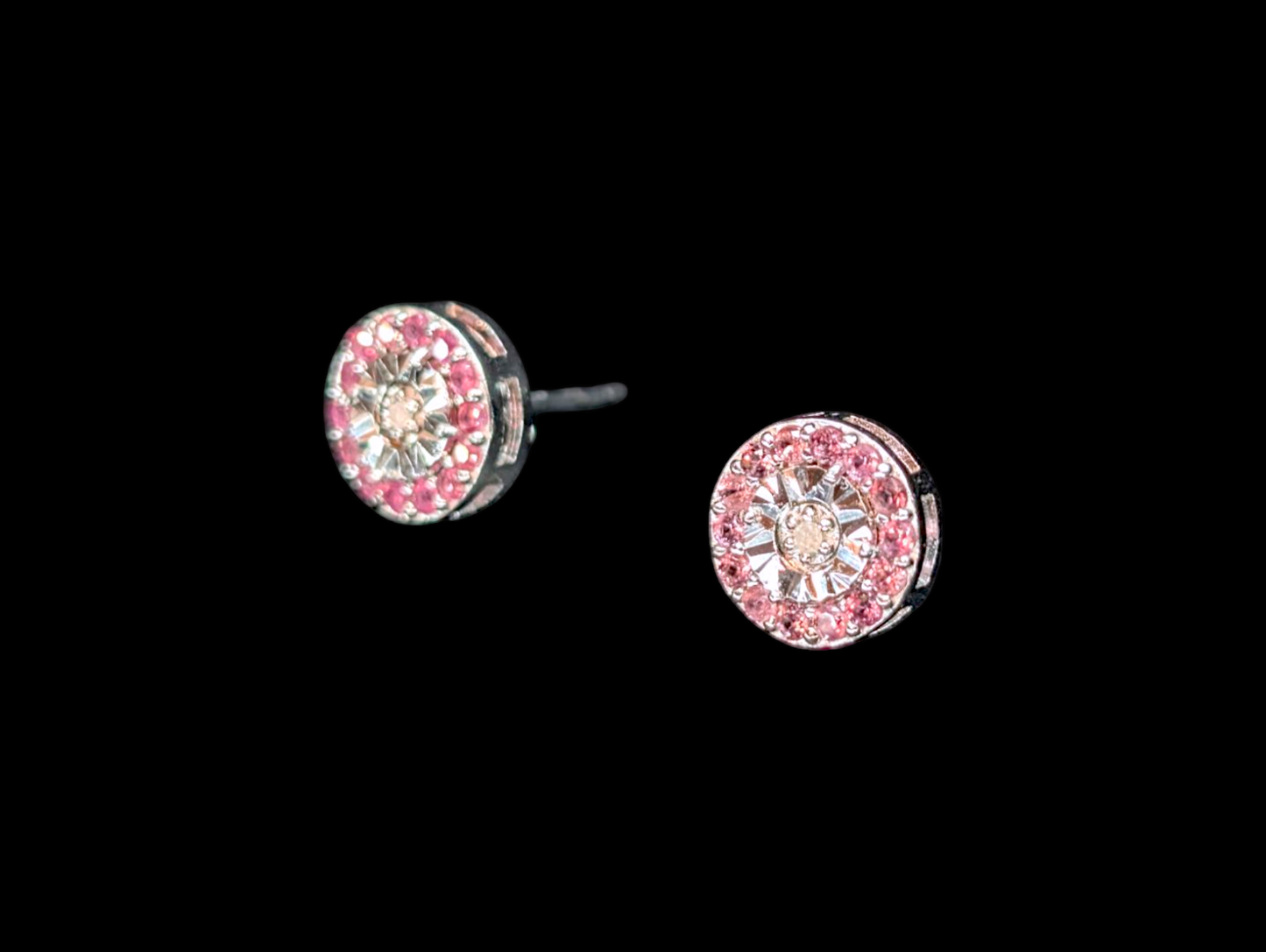 Vintage Round Genuine Pink Sapphire and Diamond Sterling Silver Post Earrings