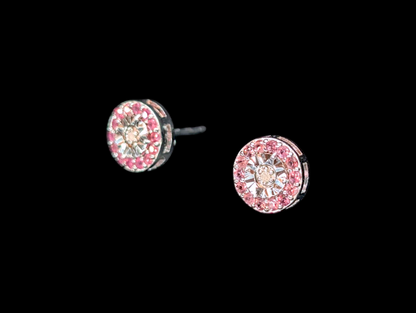 Vintage Round Genuine Pink Sapphire and Diamond Sterling Silver Post Earrings
