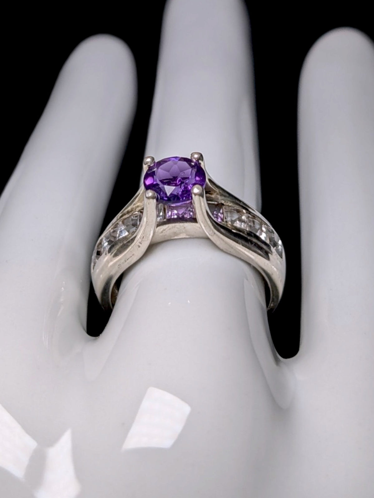 Vintage Floating Round Cut Genuine Purple Amethyst and White Topaz Sterling Ring