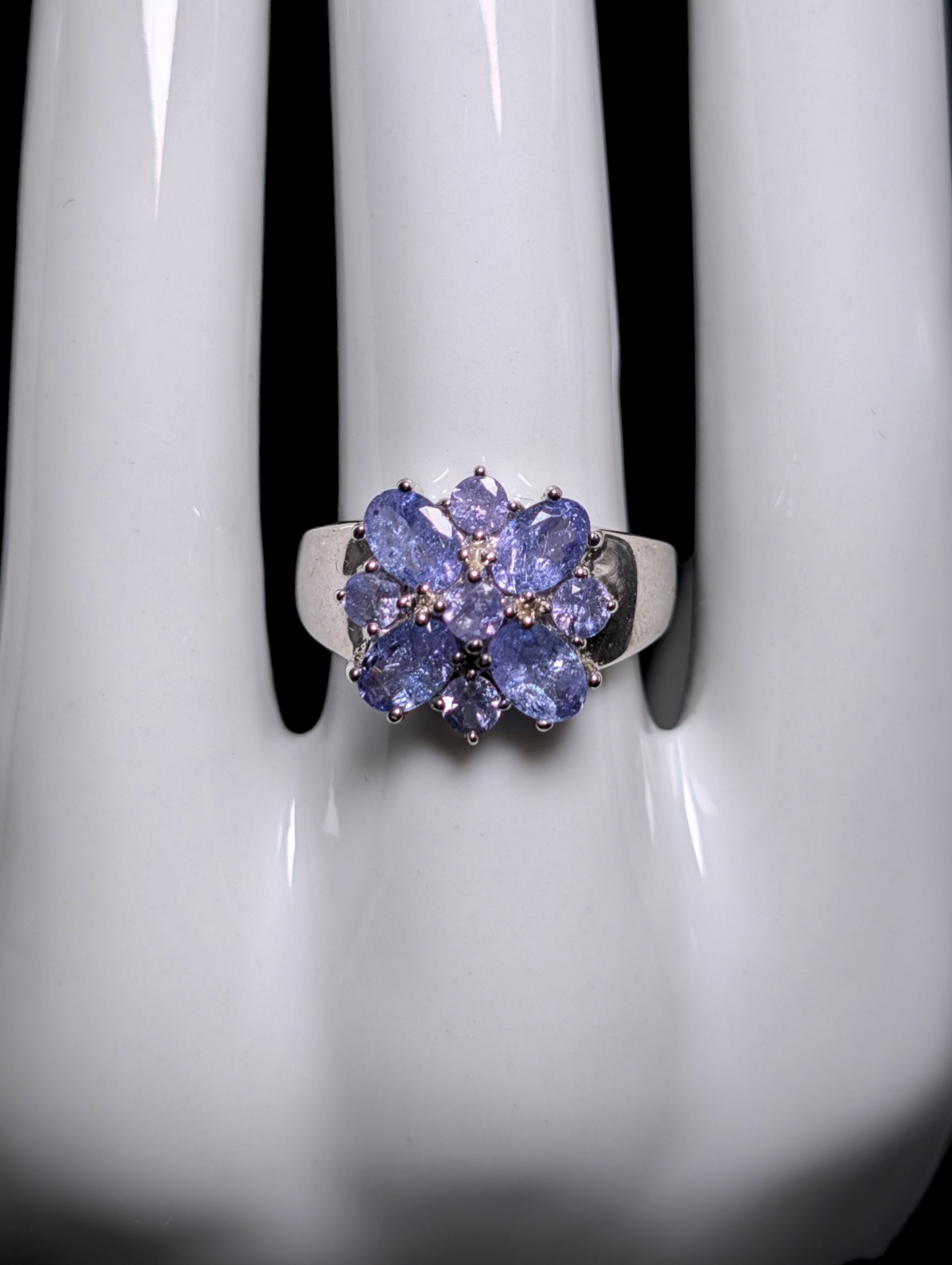 Vintage Earth Mined Genuine Tanzanite Dazzling Flower Cluster Sterling Silver Ring