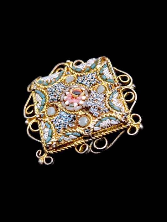 1930s Italian Micro Mosaic Floral Diamond Brooch Pin