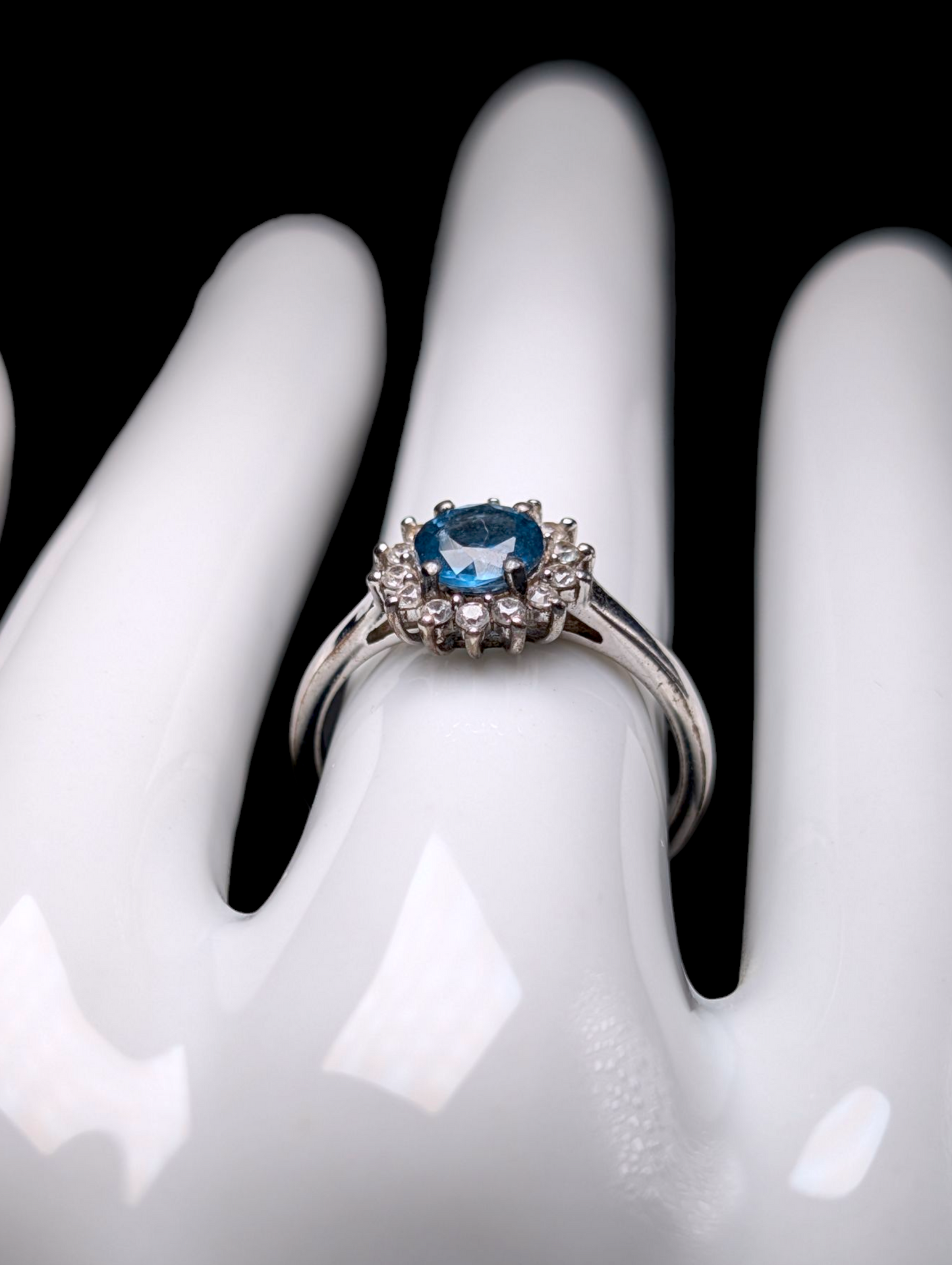 Vintage Dainty Round Cut Genuine Blue Topaz Solitaire with White Zircon Halo Sterling Silver Ring