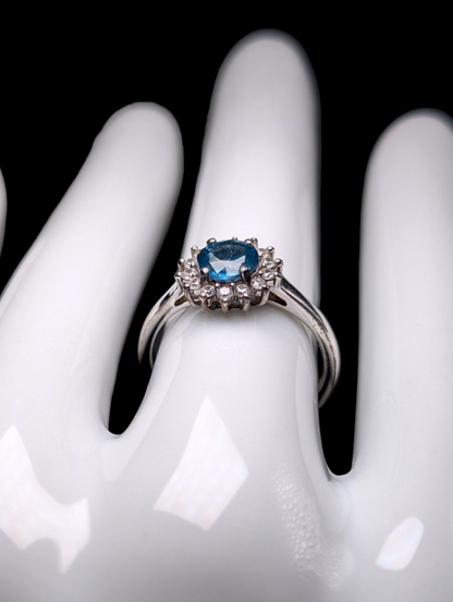 Vintage Dainty Round Cut Genuine Blue Topaz Solitaire with White Zircon Halo Sterling Silver Ring