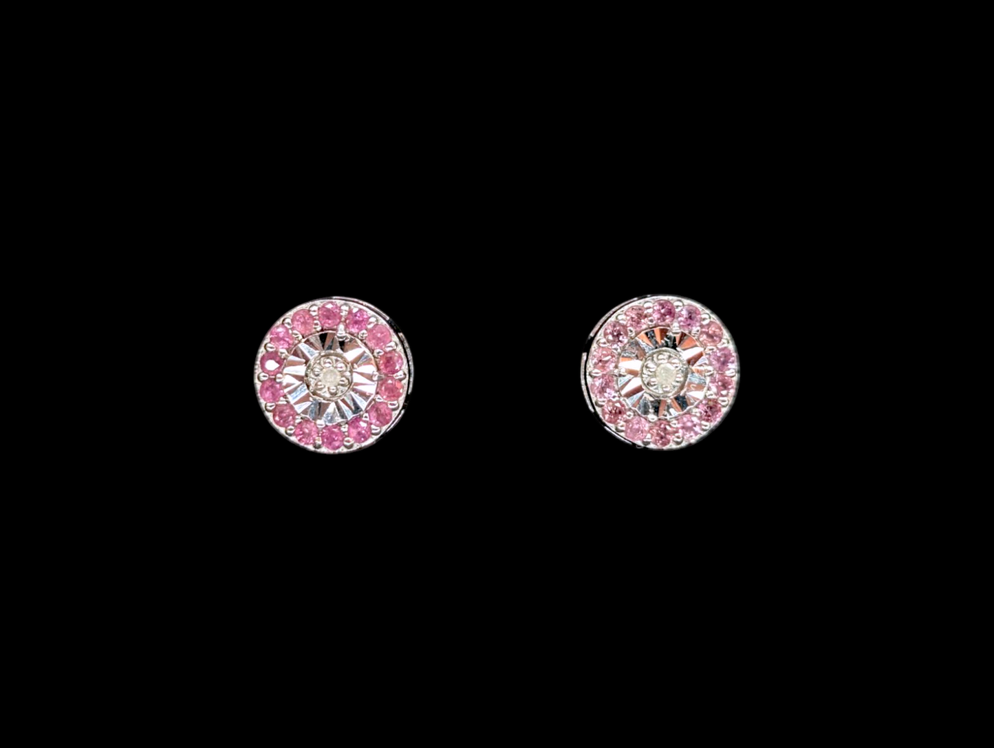 Vintage Round Genuine Pink Sapphire and Diamond Sterling Silver Post Earrings