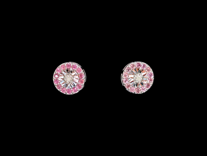 Vintage Round Genuine Pink Sapphire and Diamond Sterling Silver Post Earrings