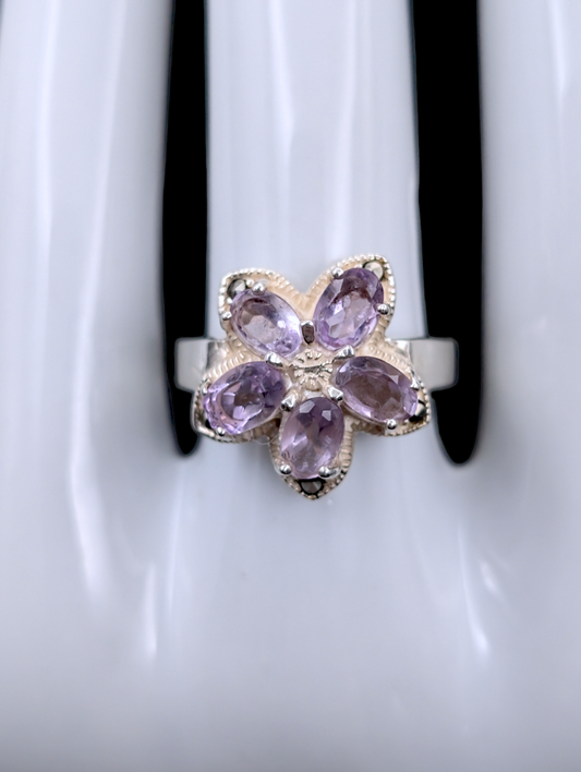 Vintage Flower Genuine Lavender Amethyst and Marcasite Sterling Silver Ring