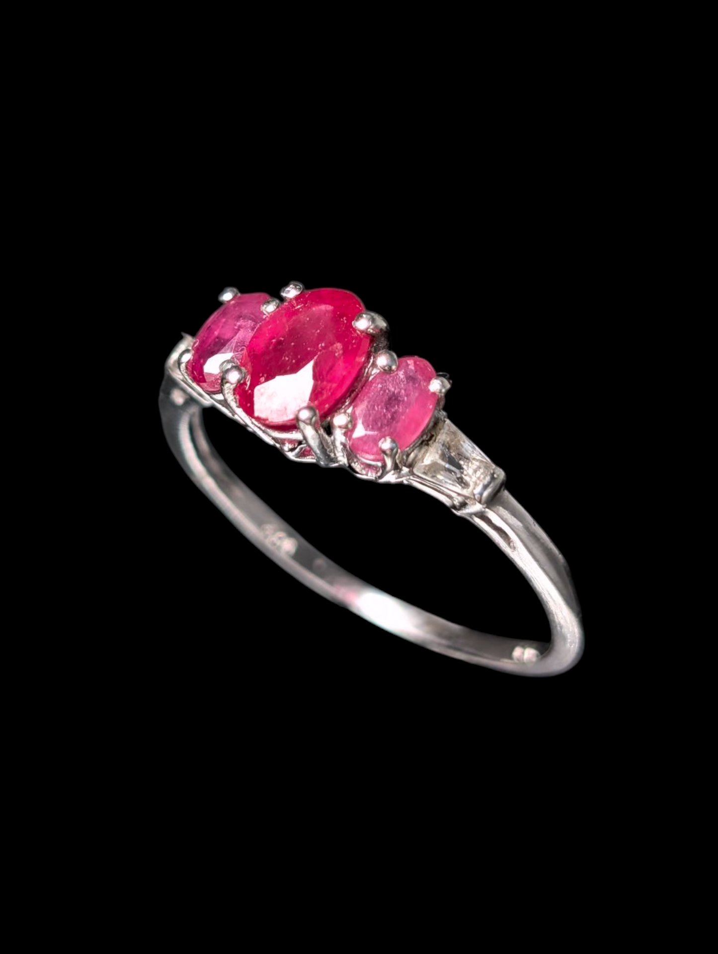 Vintage Three Stone Oval Cut Earth Mined Genuine Ruby, Pink Sapphire and White Topaz Tapered Baguette Accent Stones Sterling Silver Ring