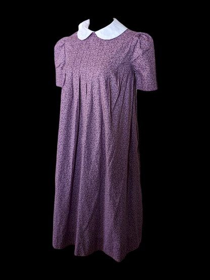 Vintage Cotton Purple Floral Pioneer Dress with Peter Pan Collar, Puffed Short Sleeves and Pleated Details