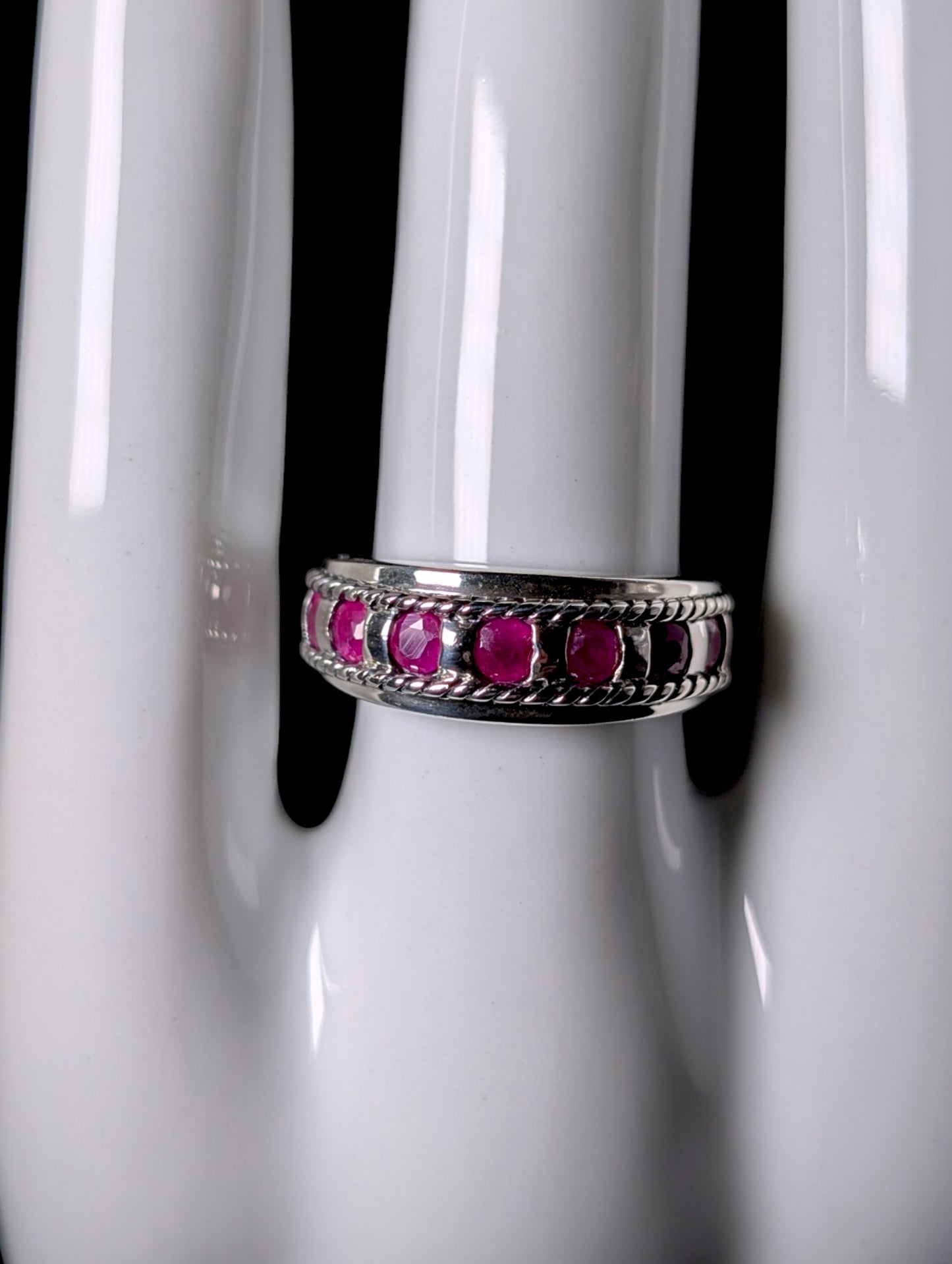 Vintage Round Row Genuine Ruby Braided Band Sterling Silver Ring