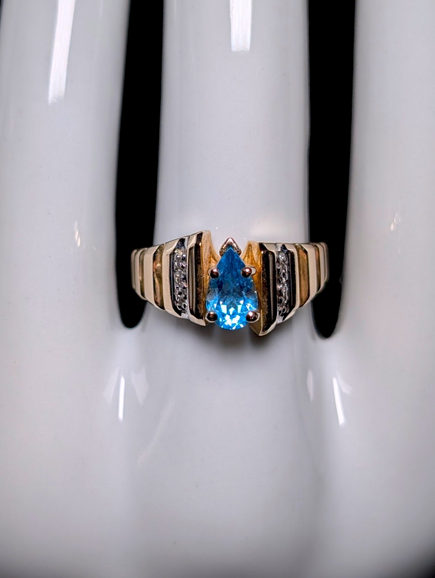 Vintage Pear Solitaire Genuine Blue Topaz and Diamond 14k Yellow Gold Ring