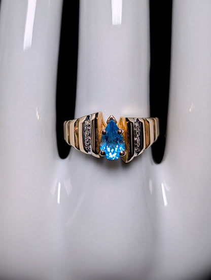 Vintage Pear Solitaire Genuine Blue Topaz and Diamond 14k Yellow Gold Ring