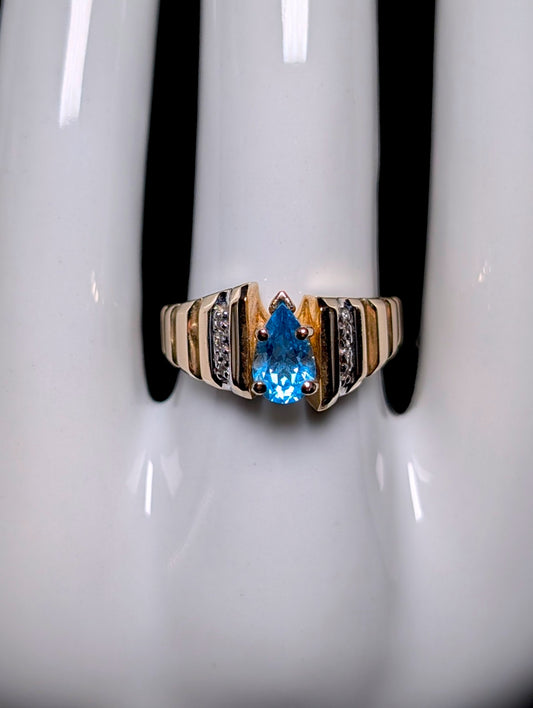 Vintage Pear Solitaire Genuine Blue Topaz and Diamond 14k Yellow Gold Ring