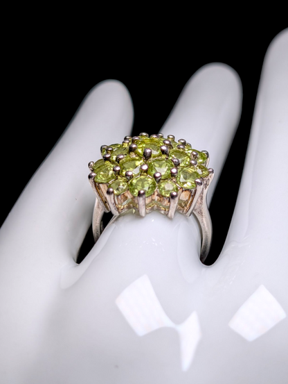 Vintage Round Cluster Genuine Peridot Sterling Silver Statement Cocktail Ring