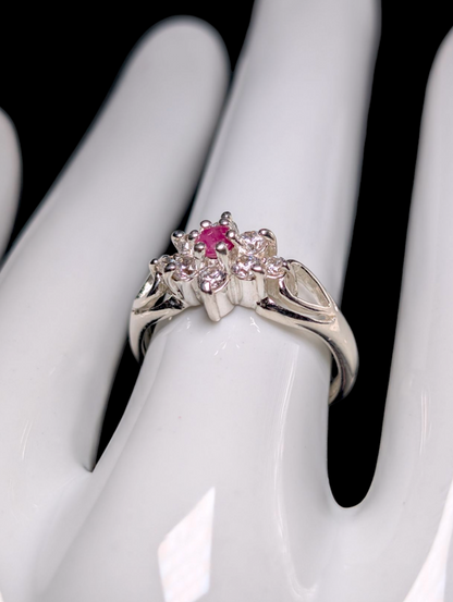 Vintage Starburst Earth Mined Genuine Ruby and Simulated Diamond Sterling Silver Ring