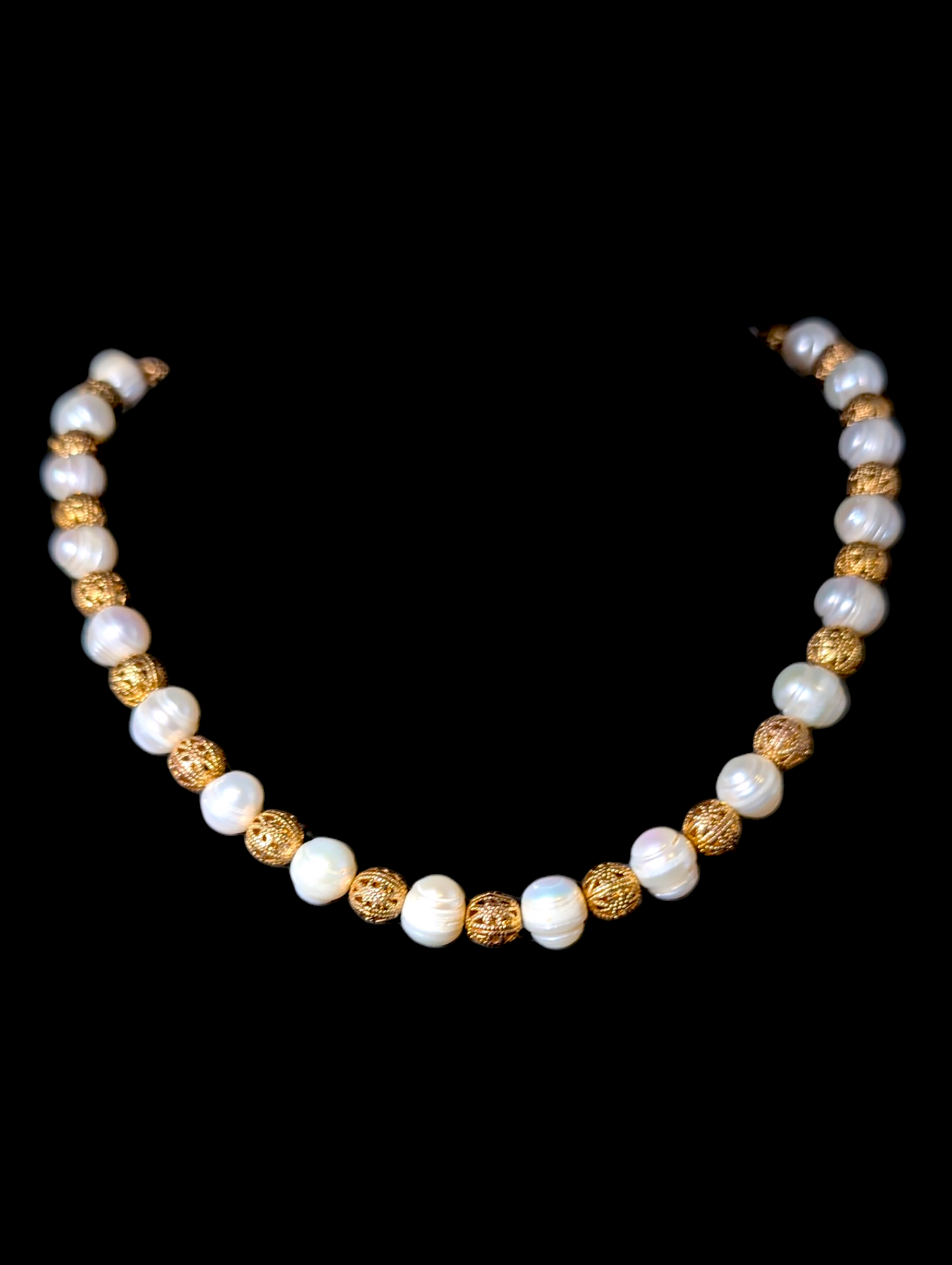Vintage Baroque Style Genuine Pearls and Gold Toned Filigree Beads Necklace and Bracelet Set