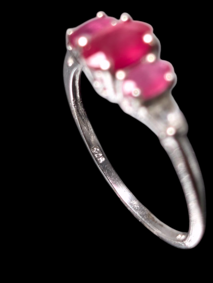 Vintage Three Stone Oval Cut Earth Mined Genuine Ruby, Pink Sapphire and White Topaz Tapered Baguette Accent Stones Sterling Silver Ring