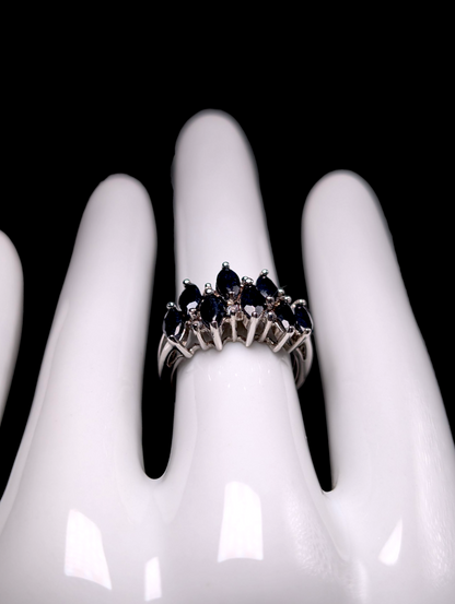 Vintage Staggered Row Marquise Cut Earth Mined Genuine Blue Sapphire with White Zircon Accent Stones Sterling Silver Ring