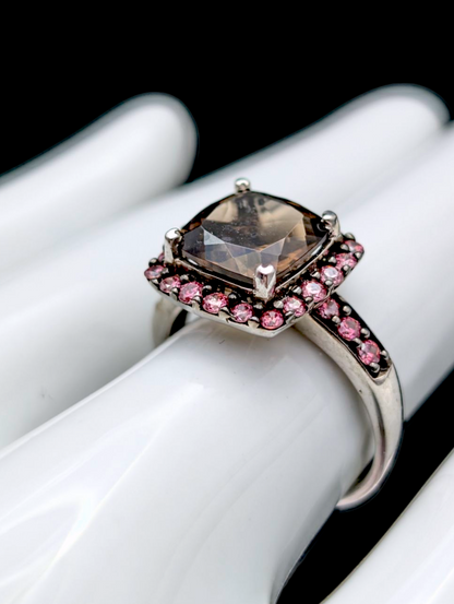Vintage Cushion Cut Genuine Smoky Quartz and Simulated Pink Sapphire Sterling Silver Ring