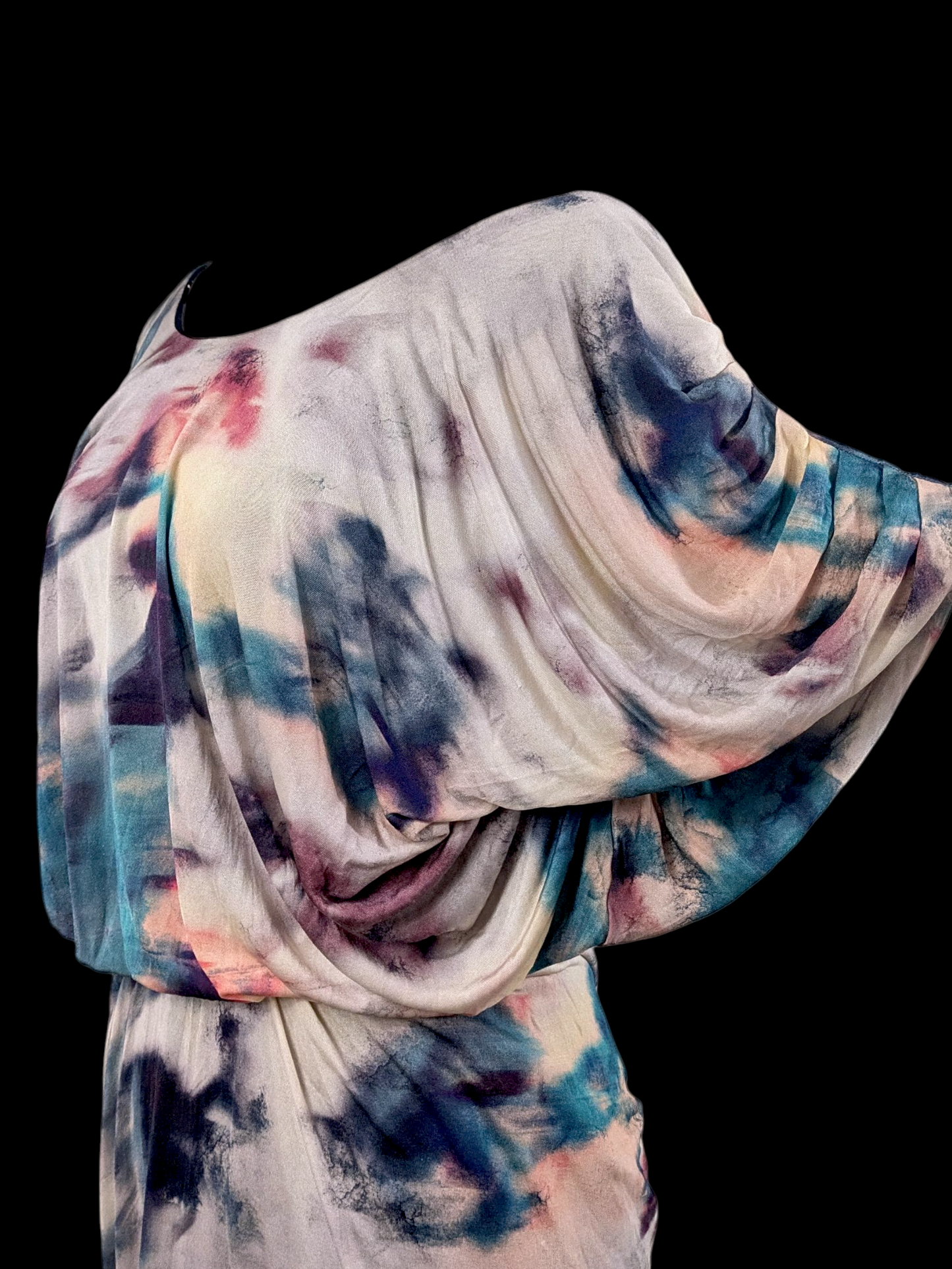 1920s Inspired Designer Saloni Cocoon Style Marbled Watercolor Silk Rouged Dress