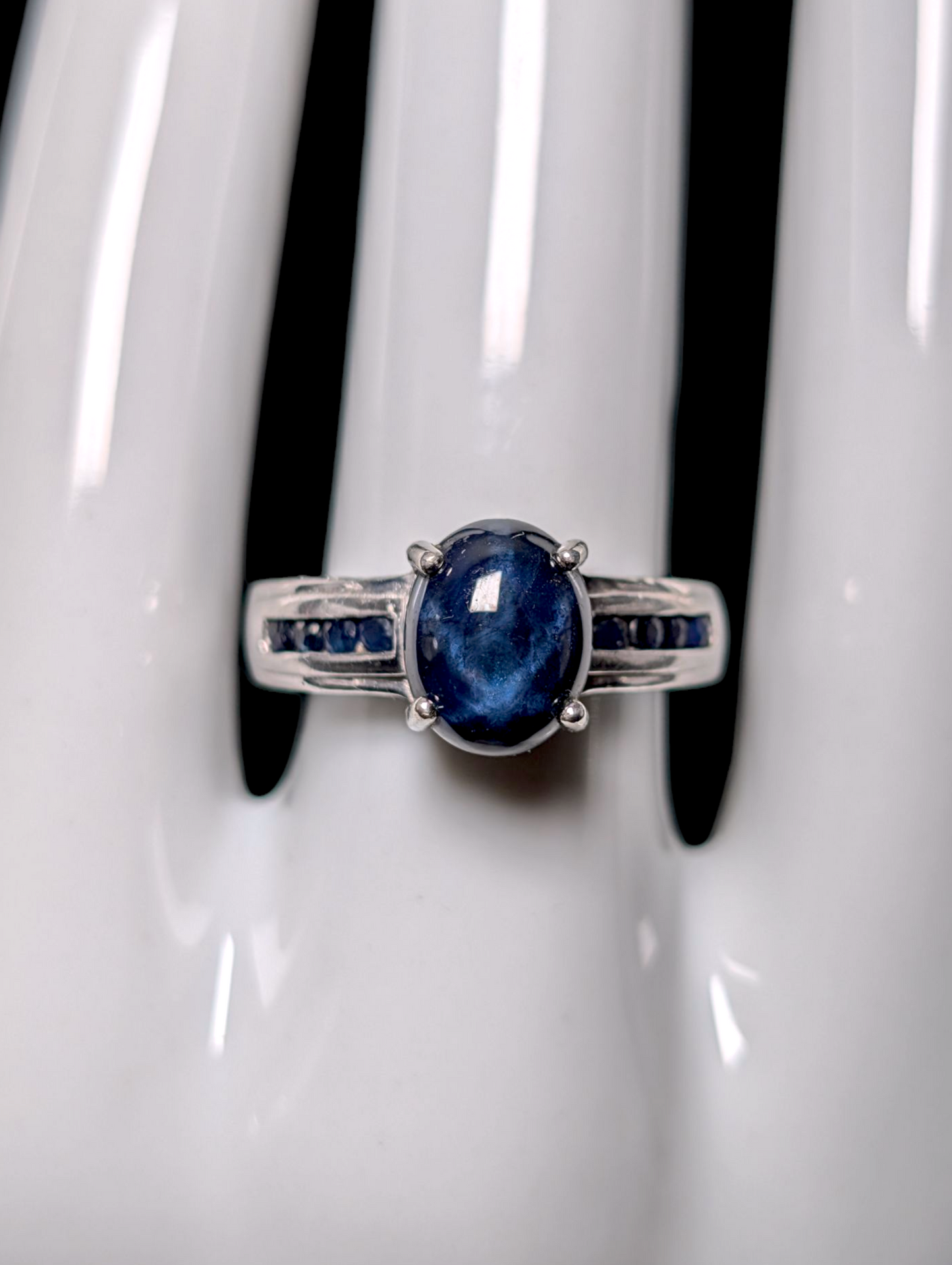 Vintage 4 Carat Cabochon Cut Earth Mined Genuine Star Sapphire Solitaire with Sapphire Accent Stones Sterling Silver Ring