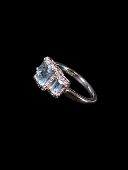 Vintage Emerald Cut Three Stone Genuine Aquamarine and Diamond Accented Halo Sterling Silver Ring