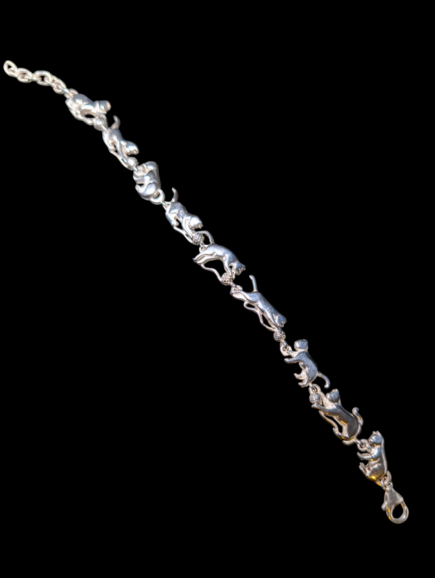 Vintage Cat's Chasing Yarn Sterling Silver Adjustable Link Bracelet with Lobster Clasp