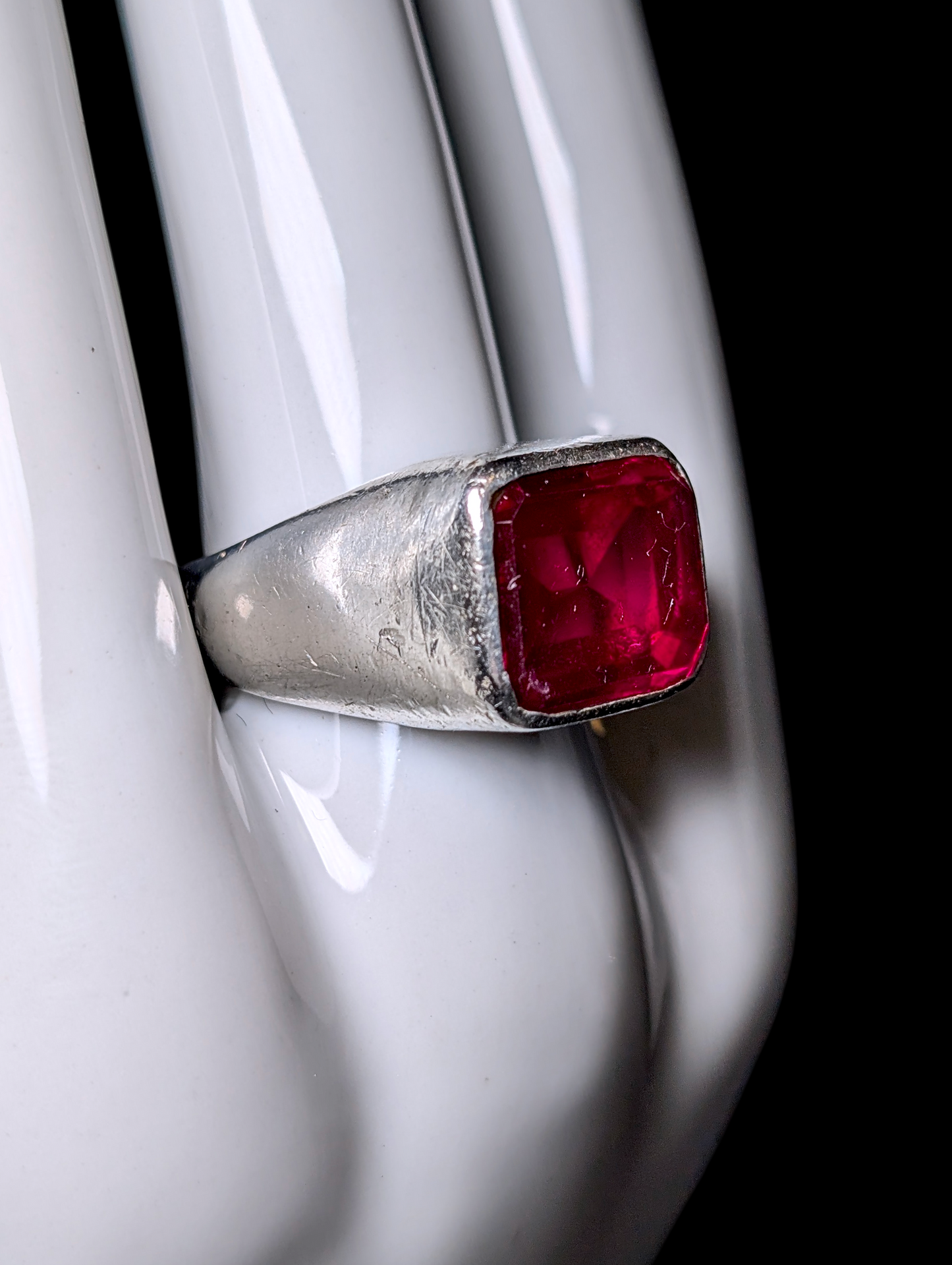 Vintage Bezel Set Large Genuine Ruby Solitaire Taxco Sterling Silver Men's Ring