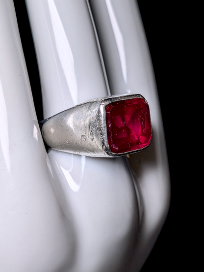 Vintage Bezel Set Large Genuine Ruby Solitaire Taxco Sterling Silver Men's Ring