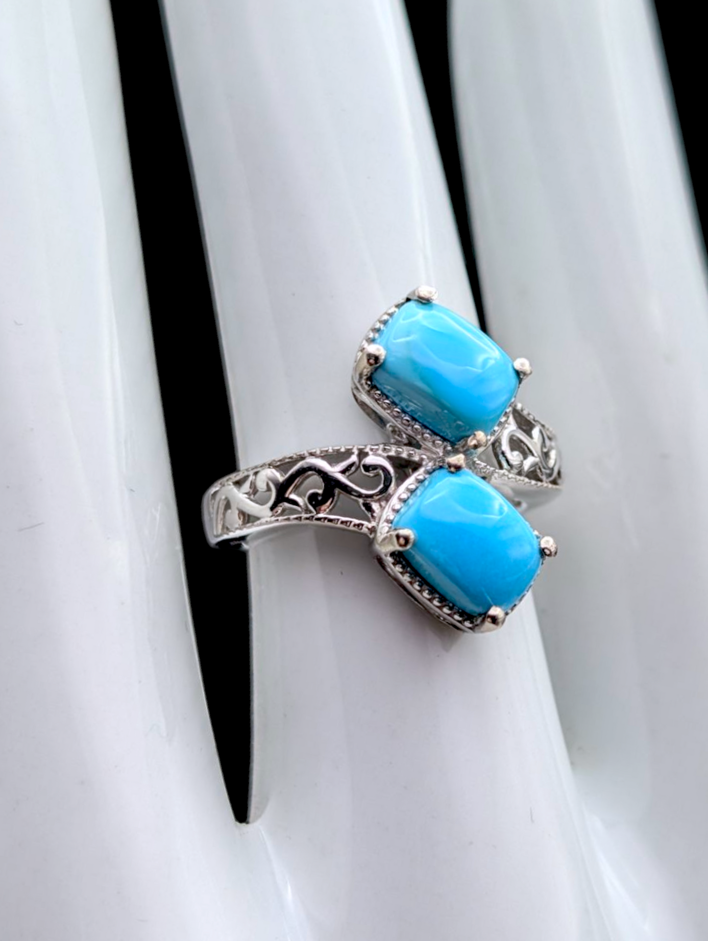 Vintage Twin Cabochon Genuine Sleeping Beauty Turquoise Wrap Sterling Silver Ring