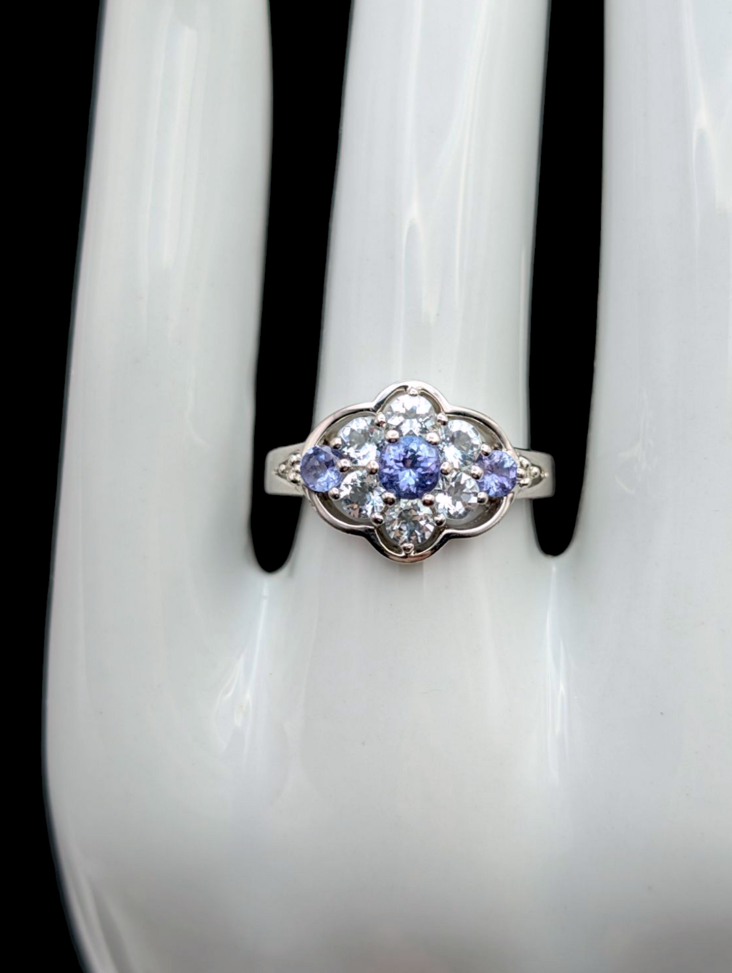 Vintage Cluster Genuine Tanzanite and Aquamarine with Diamond Accents Sterling Silver Ring