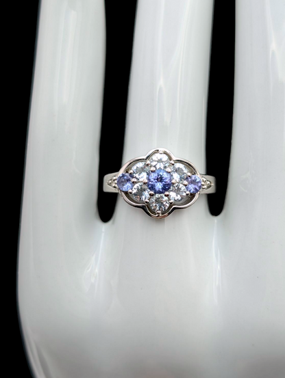 Vintage Cluster Genuine Tanzanite and Aquamarine with Diamond Accents Sterling Silver Ring