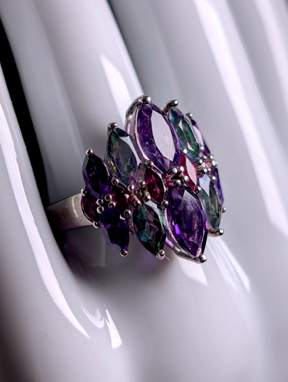 Vintage Art Deco Inspired Genuine Northern Lights Mystic Topaz, Grape Amethyst and Rhodolite Garnet Sterling Silver Cluster Cocktail Statement Ring