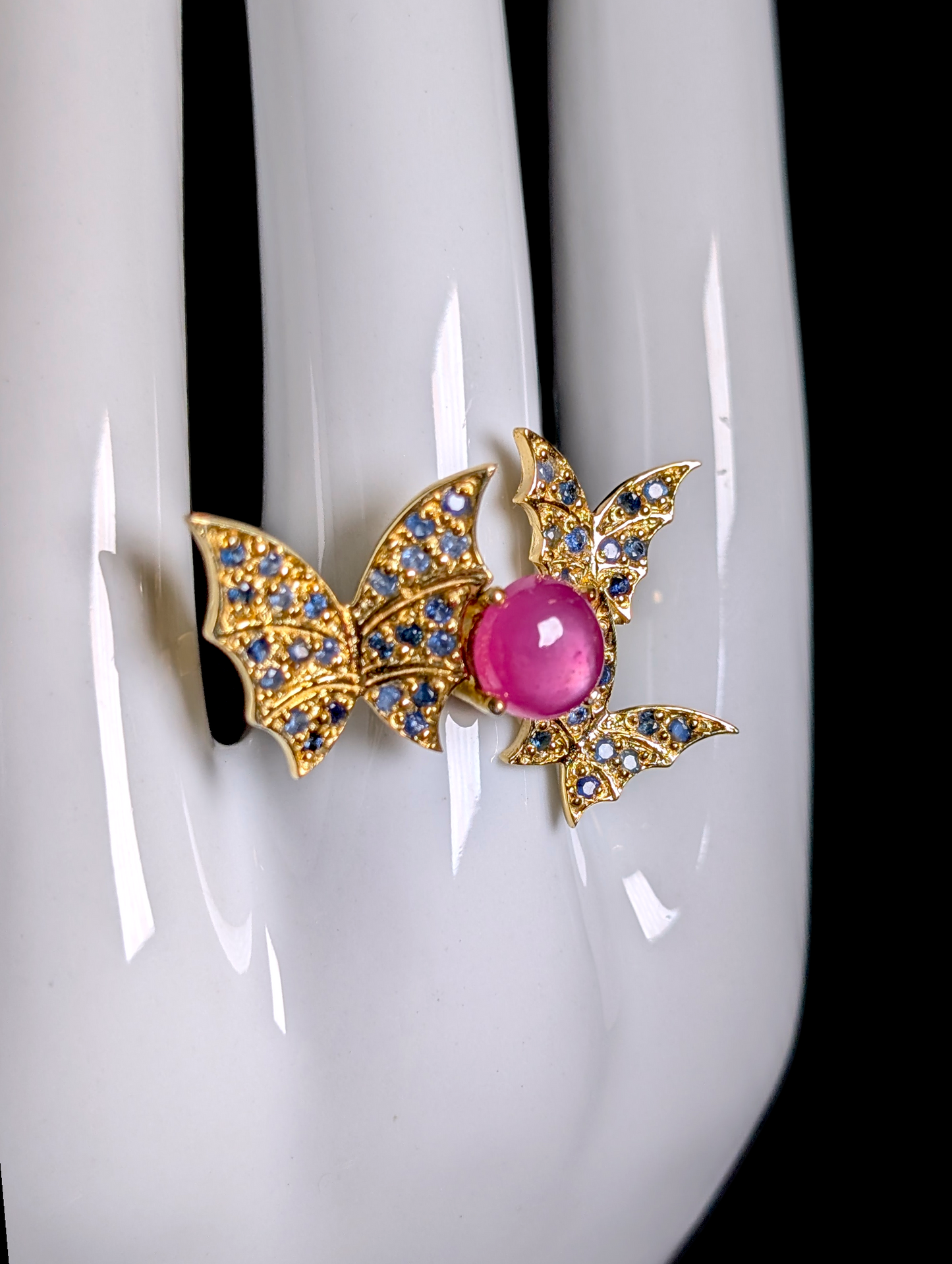 Vintage Inspired Butterflies with Verified Ruby and Blue Sapphire Gold over Sterling Silver Ring