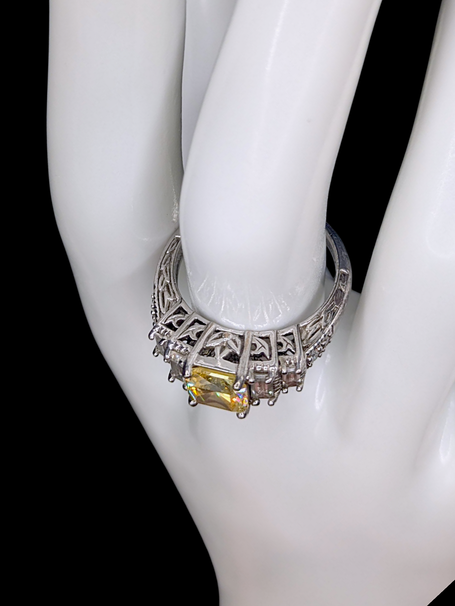 Vintage Square Radiant Cut Simulated Yellow Topaz Solitaire on Ornate Carved Mount Sterling Silver Ring