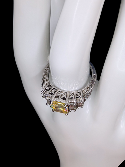 Vintage Square Radiant Cut Simulated Yellow Topaz Solitaire on Ornate Carved Mount Sterling Silver Ring