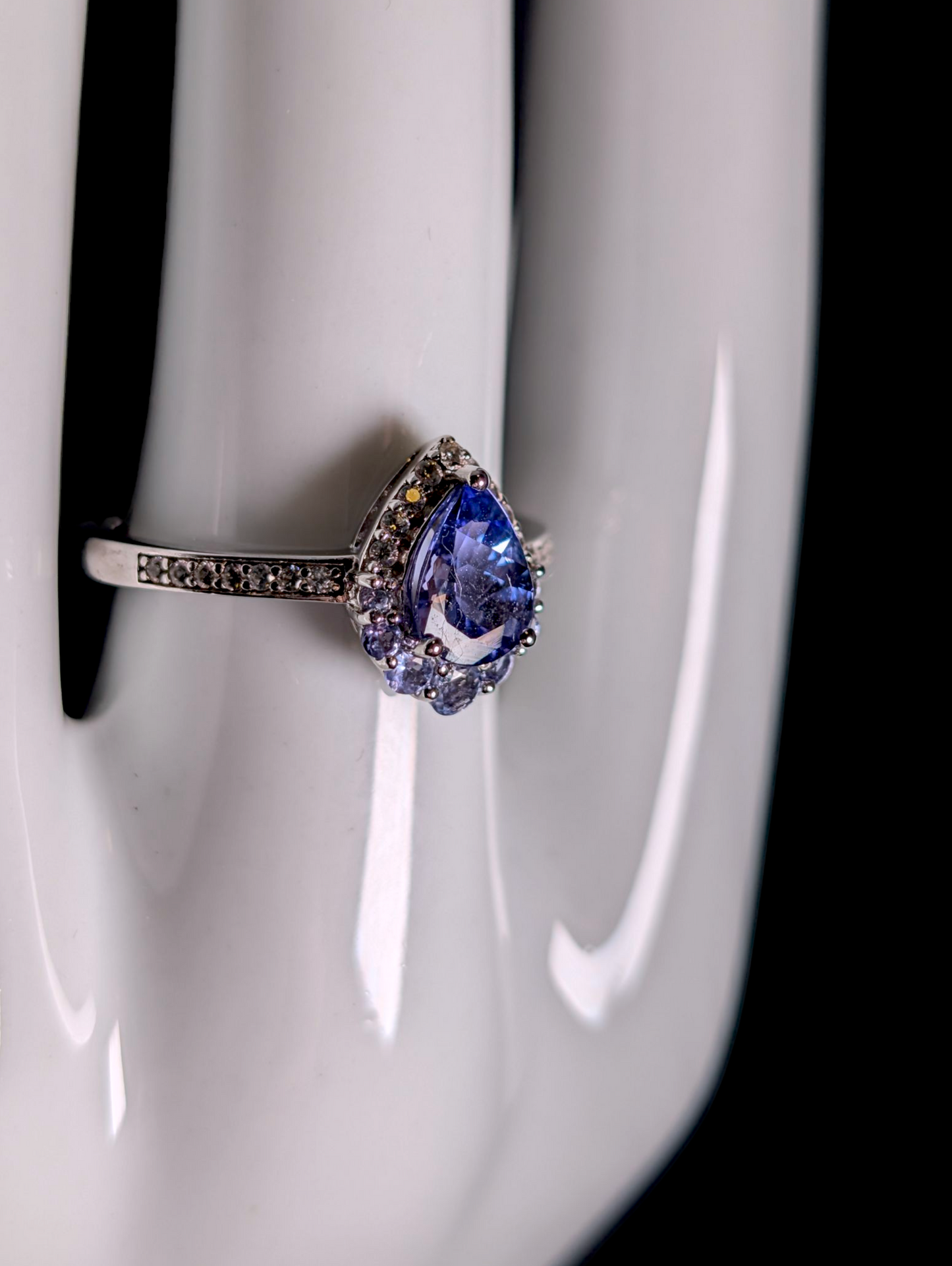 Vintage Pear Cut Solitaire Genuine Tanzanite and White Zircon Halo Sterling Silver Band Ring